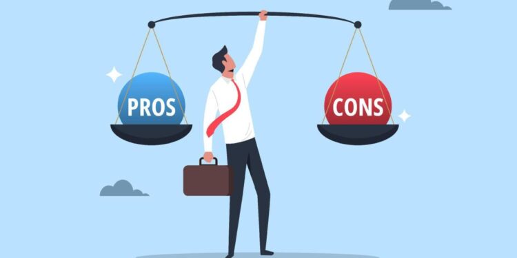 Pros and cons concept, businessman holding scales with pros and cons on ...