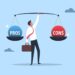 Pros and cons concept, businessman holding scales with pros and cons on ...